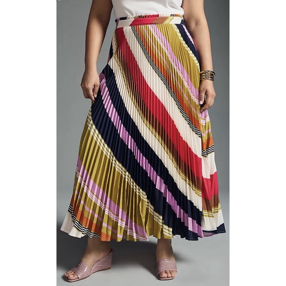 Anthropologie Maeve Isobel Pleated Maxi Skirt 14 Multicolor Striped Chevron Boho